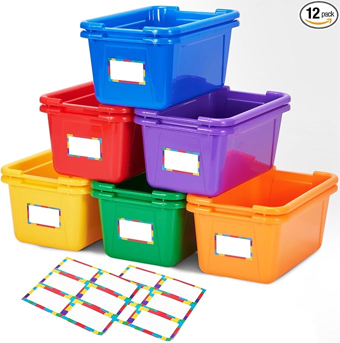 GAMENOTE 6 Quart Storage Bins with Lids, Plastic Latching Box for Classroom & Kids Toy Storage,Stackable Shoe Box Size Containers for STEM Morning Tubs, Crafts & Blocks (12, Colorful Without Lid)