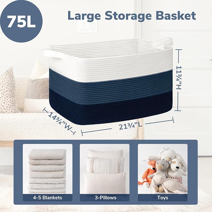 Goodpick Large Woven Rope Blanket Basket, Rectangle Storaget, Light Blue | 21.6 x 14.9 x 11.8 in, Reinforced Handles, Living Room, Bedroom & Nursery Organization, Toys, Books & Blanket Storage