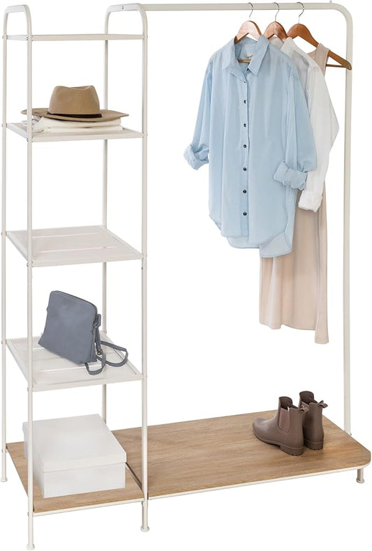 Honey-Can-Do Clothing Rack, Clothes Rack with Wood Shelf, Freestanding, Easy to Assemble Garment Rack, Standing Metal Sturdy, Small Space Storage Solution, with Shoe Storage White