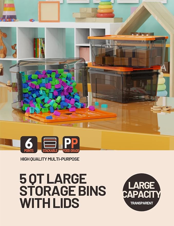WYT 5-Quart Small Storage Container Bin with Orange Secure Lid and Black Clear Latch Buckles, Durable Plastic Stackable Nestable Organizin, 6-Pack