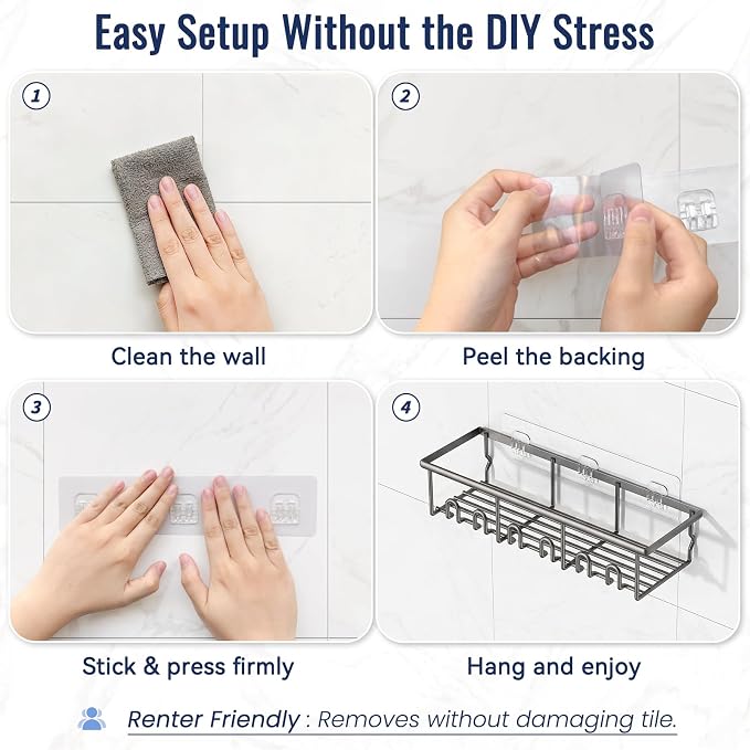 8 Pack Adhesive Rustproof Shower Caddy with Soap Dishes, Toothbrush Holder & Hooks, Large Capacity No-Drilling Shower Shelves Rack for Bathroom Organizers and Storage Accessories, Dark Gray