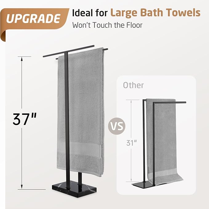KES 37" Freestanding Towel Rack, Heavy Black Marble Base, Stainless Steel | Equal-height, Fits Large Bath Towels, Stable 8.23 lb Base, Rustproof Stainless T-Bars, Modern Design