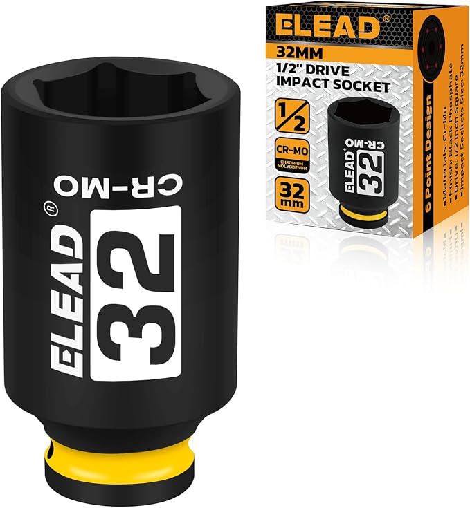 32 mm Socket 1/2" Drive Deep Impact Socket, Metric 6 Point 1/2-inch Drive Impact Axle Nut Sockets, CR-MO Nut Socket Set, Tools for Easy Removal of Axle Shaft Nuts