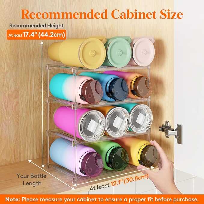 Lifewit Stackable Bottle Storage Organizer, Clear Freestanding Wine Holder for Cabinet, Large Slot Water Bottle Tumbler Cup Organizer for Pantry, Plastic Wine Rack for Fridge Cellar, 4Tier Hold 12