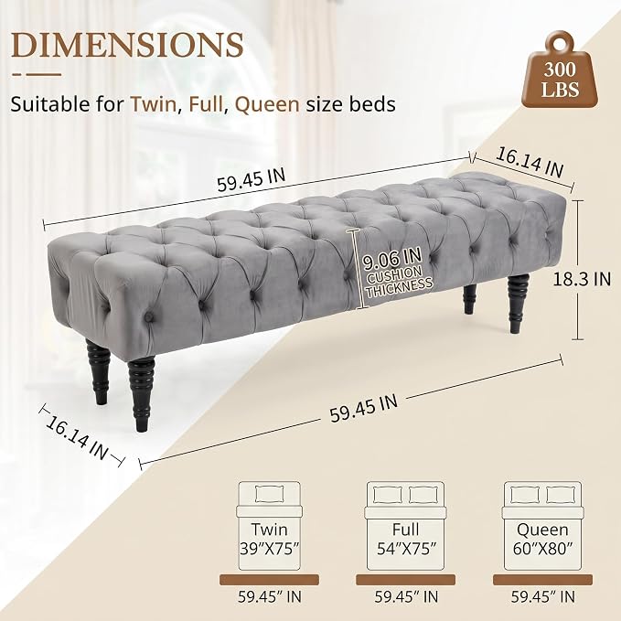 60" Accent Bench, Upholstered Tufted Ottoman Bench French Vintage Entryway Bench Corduroy Padded Benches for Entryway, Dining Room, Foyer, Living Room, Bedroom, Grey