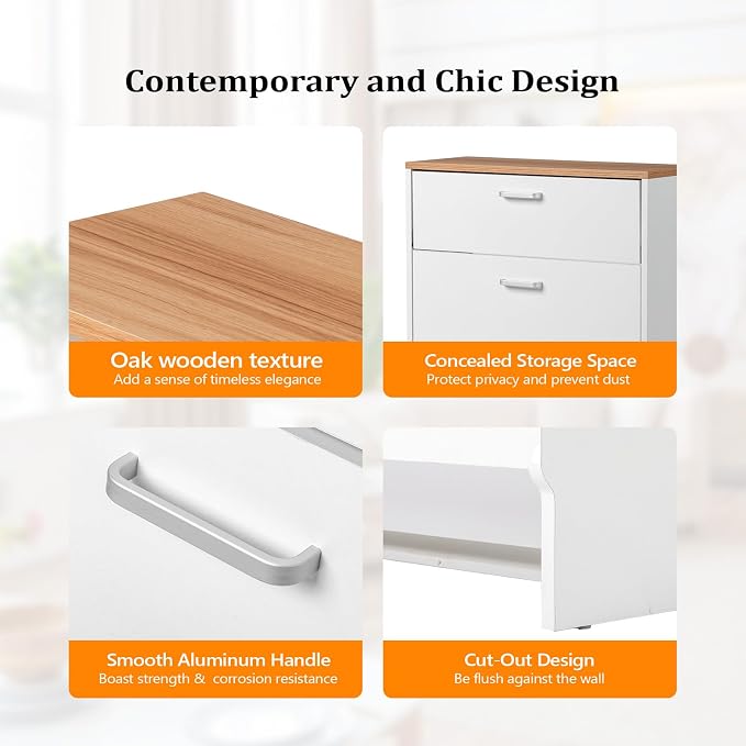 VINGLI Shoe Cabinet Storage for Entryway,White Small Narrow Shoe Rack,25" W | 8–12 Pairs,Skirting Board Cutout,Drop-Down Drawer,9.4"D Slim,Two-Tone Oak & White,2 Flip Drawers,Adjustable & Removable Shelf