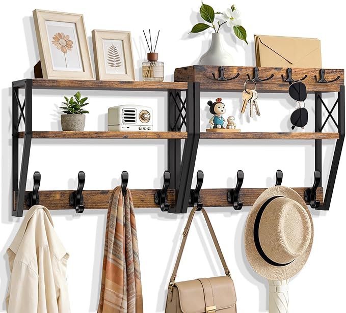 Upgraded 3-Tier Large Coat Rack Wall Mount with Shelf | 4 in 1 Versatile Coat and Key Hanger Wall Mount, 32-inch Entryway Wall Shelf with 12 Hooks for Living Room Bedroom