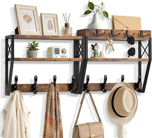 Upgraded 3-Tier Large Coat Rack Wall Mount with Shelf | 4 in 1 Versatile Coat and Key Hanger Wall Mount, 32-inch Entryway Wall Shelf with 12 Hooks for Living Room Bedroom