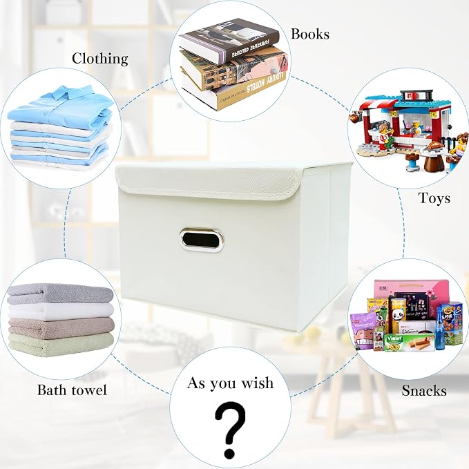 STOREONE Fabric Storage Cube Bins Foldable Organizer Container Collapsible Basket with Lids and Metal Handles, for Home, Bedroom, Closet 3 Pcs (Creamy-White)