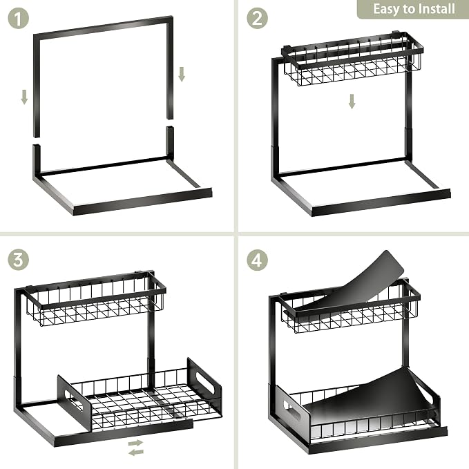 Under Kitchen Sink Organizer 2 Tier, Pull Out Bathroom Sink Organizers and Storage, Cabinet Kitchen Bathroom Storage Organization Shelf, 1 Pack Black