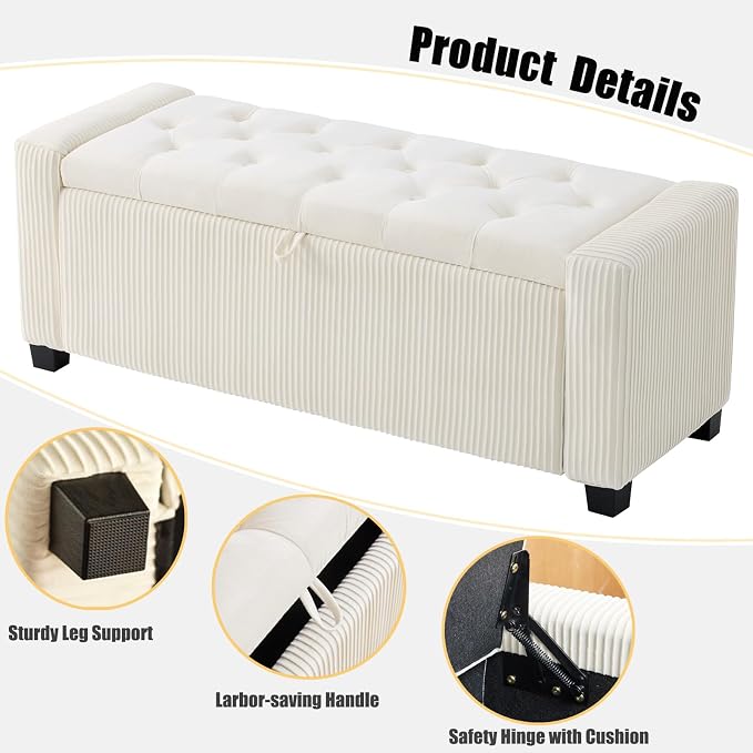 Storage Ottoman Bench, Bench for Bedroom End of Bed, Ottoman with Storage for Living Room and Entryway (Velvet White)