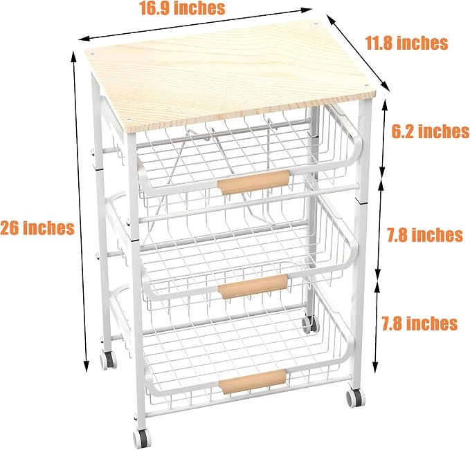 NiuYichee 4-Layer Fruit Basket Kitchen Food Storage Organizer and Storage Rack, Stackable Storage cart with Desktop, Pull-Out Hollow Metal Storage Basket, liding Out Storage,White