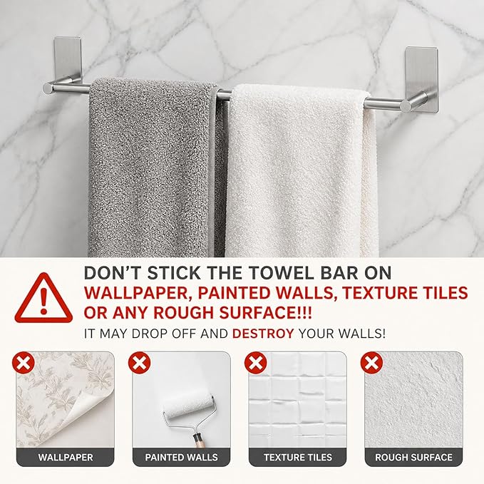 Adhesive Bath Towel Bar 24-inch, No Drill Stick On Towel Rack, Easy Install with Self-Adhesive, Premium SUS304 Stainless Steel (Brush Nickle, 24)