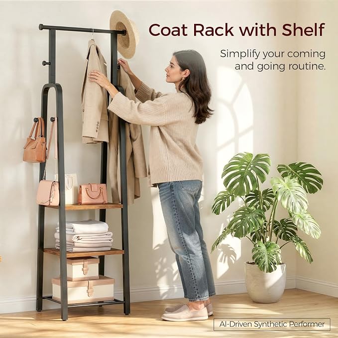 MAHANCRIS Coat Rack Freestanding, Hall Tree with 3-Shelves and 8 Hooks, Industrial Clothes Rack Stand Organizer for Entryway, Bedroom, Bags, Hats, Scarves, Rustic Brown and Black CRHR14901