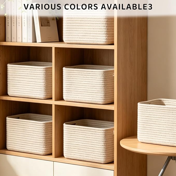 4 Pack Storage Baskets for Organizing, 11''Lx9''Wx8''H Woven Baskets for Storage Toys, Towels, Books, and Clothes, Cotton Rope Basket for Shelves with Handle
