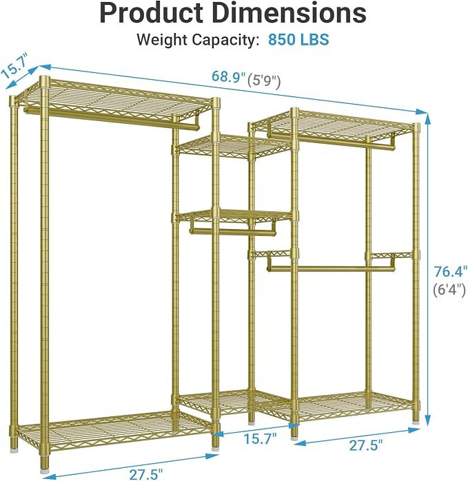 VIPEK Classic V6 Wire Garment Rack, Dynamic Closet System Adjustable | Gold Heavy Duty Metal Freestanding Clothing Rack 850lbs Capacity, 6FT Wide Closet Organizer System for Bedroom