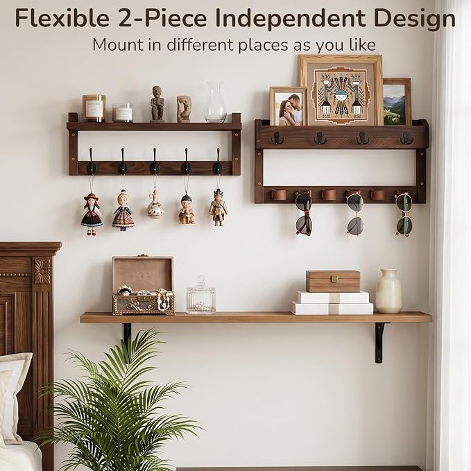 Wooden Key Holder Wall Mount with Shelf, Wall Key Rack and Mail Holder with 9 Key Hooks and 6 Sunglasses Holders, Farmhouse Key Hanger for Entryway Living Room Bedroom, Rustic Brown