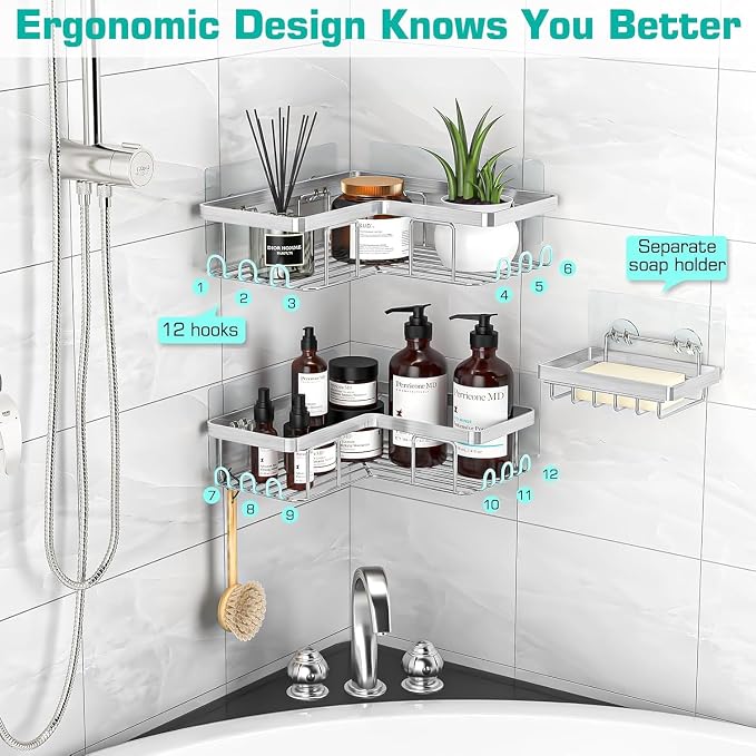 YASONIC Corner Adhesive Shower Caddy, with Soap Holder and 12 Hooks, Rustproof Stainless Steel Bathroom Organizer, No Drilling Wall Mounted Rack, Brushed Silver, 3-Pack