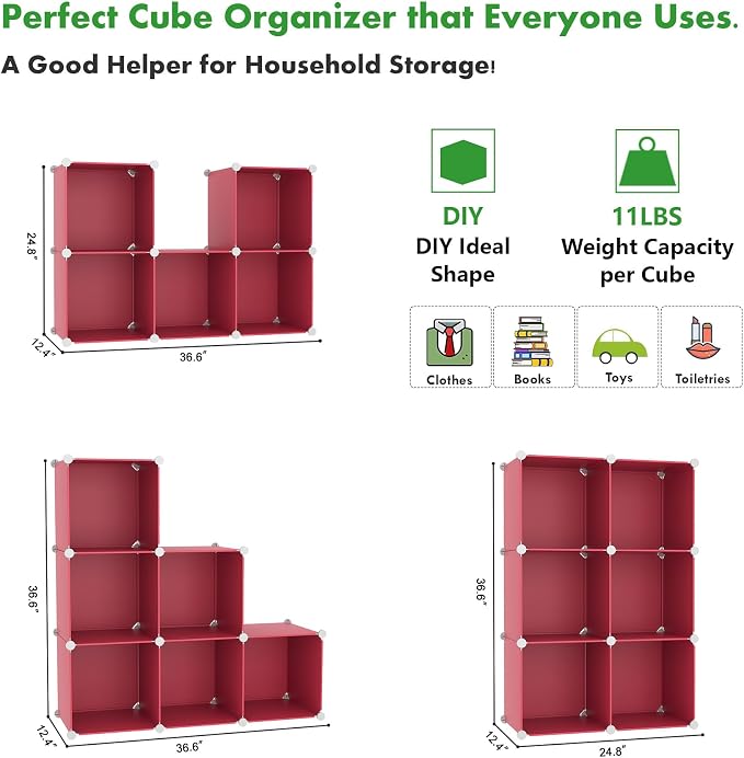 C&AHOME 6-Cube Storage Organizer, Stackable Storage Cubes Shelves, Portable Bookshelf, Plastic Clothing Storage Closet Organizer, DIY Modular Shelving Units for Wardrobe, Home, Red
