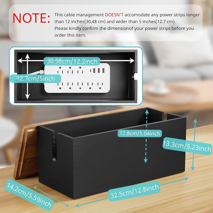 Bivvclaz Cable Management Box Medium, Wooden Cord Organizer Box for Desk, Floor, Office to Hide Extension Cords Power Stripes Surge Protectors Chargers Wires, Black
