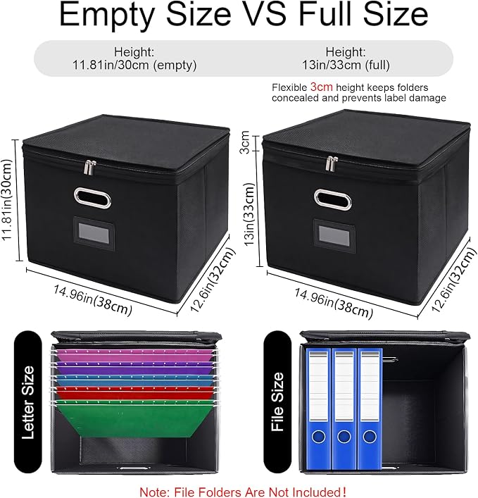 8 Pack File Organizer Boxes with Lids, Collapsible Document Storage Bin with Mesh Pockets & Zipper, Fits Letter/Legal Size Folders for Home Office Classroom Organization (Black, No Folders)