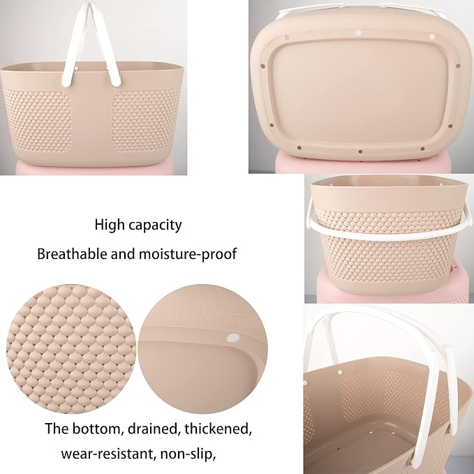 Portable Plastic Shower Caddy Basket Organizer with Handles, Khakis | Large Capacity Storage Tote for Bathroom, College Dorm Essentials, Bath Toy Storage, Kitchen