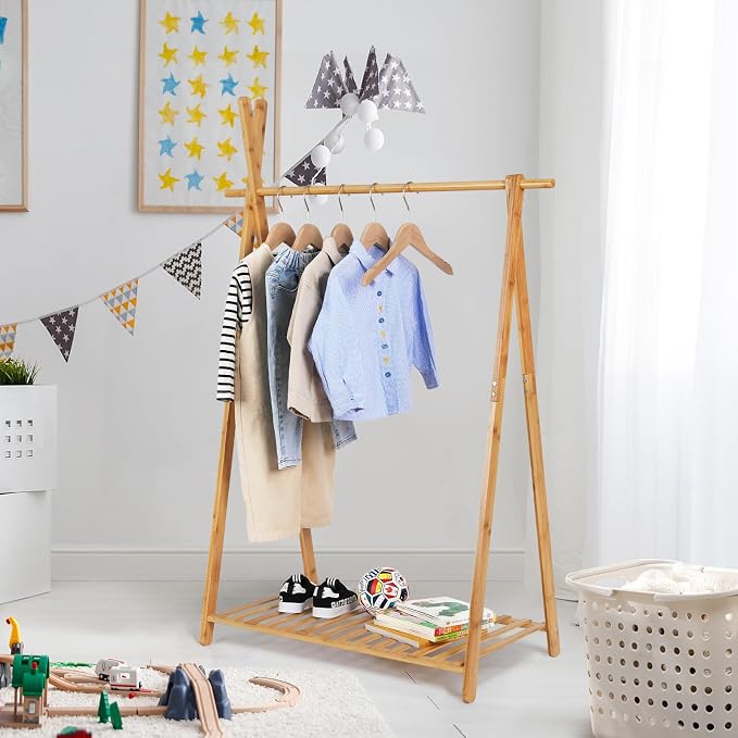 Jotsport Bamboo Kids Clothing Rack with Storage Shelf for Hanging Clothes | Small Child Garment Rack Toddler Wardrobe Closet for Play Room, Nursery, Baby Shower