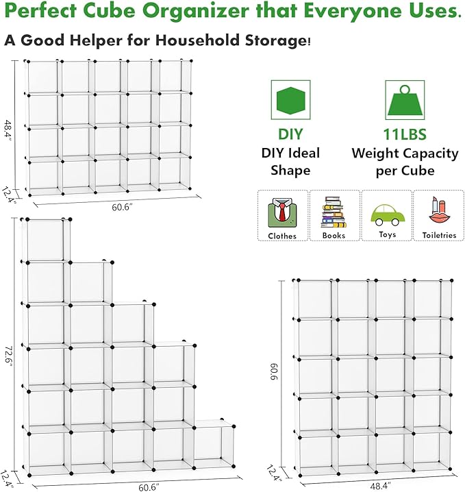 C&AHOME 20-Cube Shelf, Plastic Cube Storage Organizer, DIY Bookshelf White | Stackable Modular Closet Cabinet Ideal for Bedroom, Living Room, Office, 48.4" L x 12.4" W x 60.6" H