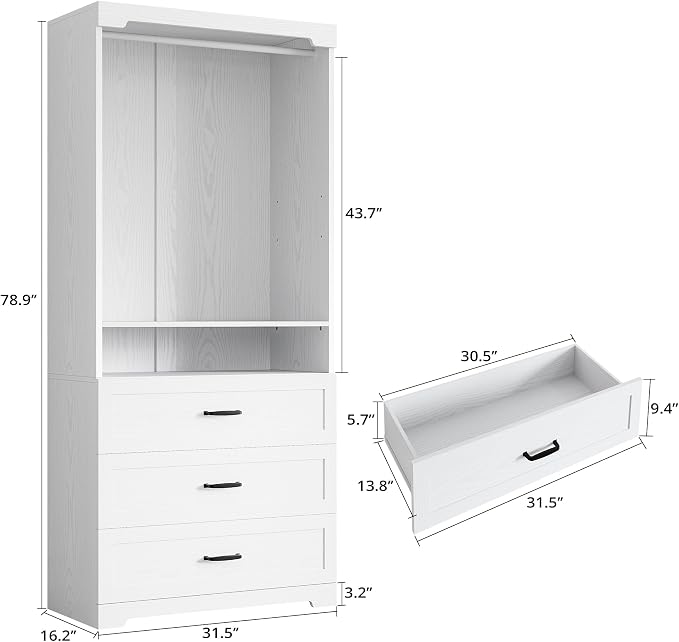 IRONCK Freestanding Closet System with Adjustable Shelves & 3 Drawers | Closet Organizer with Hanging Rod, Ideal for Bedrooms, Apartments and Small Closet Storage