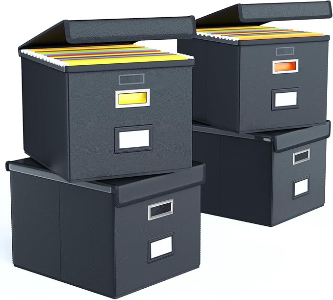 File Organizer Box with Lids, Collapsible File Folder Organizer | File Box with Plastic Slides for Document Storage, Filing Bin for Letter Size Hanging File Folders (4 Pack, Black, Leather)