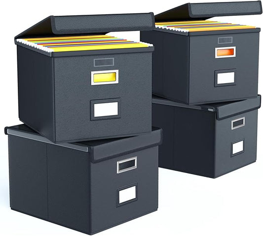 File Organizer Box with Lids, Collapsible File Folder Organizer | File Box with Plastic Slides for Document Storage, Filing Bin for Letter Size Hanging File Folders (4 Pack, Black, Leather)