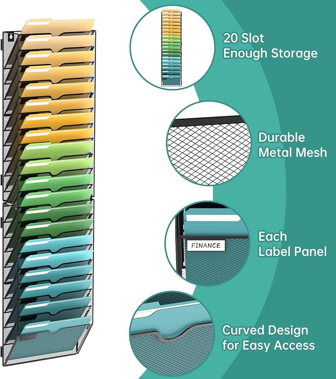 SUPEASY 20 Tier Wall File Organizer, Hanging Wall Mounted Mail Organizer with Label Slots, Metal Mesh File Holder Magazine Rack for Office, Home, School or Classroom, Black