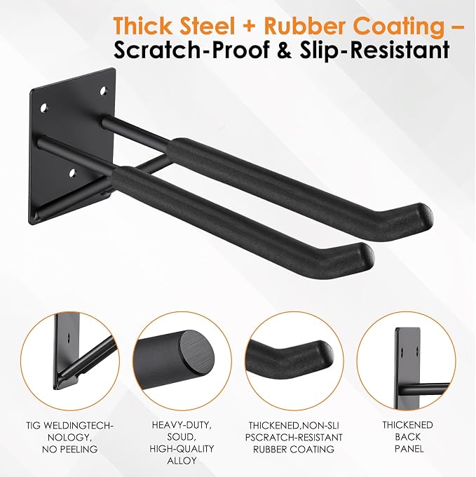 14" Garage Hooks Heavy Duty 4-Pack - Garage Storage System Hooks, Ladder Hooks for Garage Wall & Broom Holder Wall Mount | Non-Slip Tire Rack & Heavy Duty Wall Hooks for Hanging Ladders, Chairs.