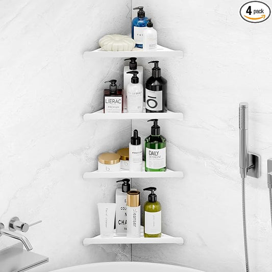 Fikoksol Shower Caddy Storage, Triangle Corner Shelf with Adhesive Glue | Metal Bathroom Shelf Storage, Adhesive or Screw Wall Mounted Corner Shower Rack, White Rustproof Bath Organizer Accessory