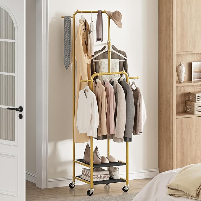 Chrislley Small Clothing Rack With Wheels & 2 Shelves, Narrow Clothes Rack | 3-Section Different Heights Metal Rolling Garment Rack, 71" Tall Portable Coat Rack with 6 Hooks for Bedroom, Entryway, Gold