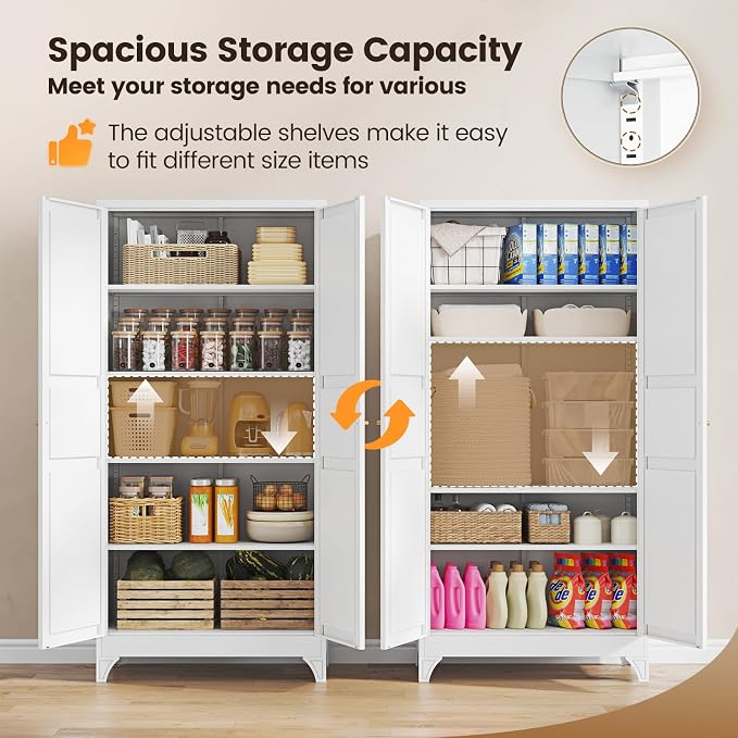 Yizosh Metal Pantry Cabinet,- 72" White Kitchen Pantry Storage Cabinet with Doos and Adjustable Shelves for Kitchen, Living Room,Dining Room,Home