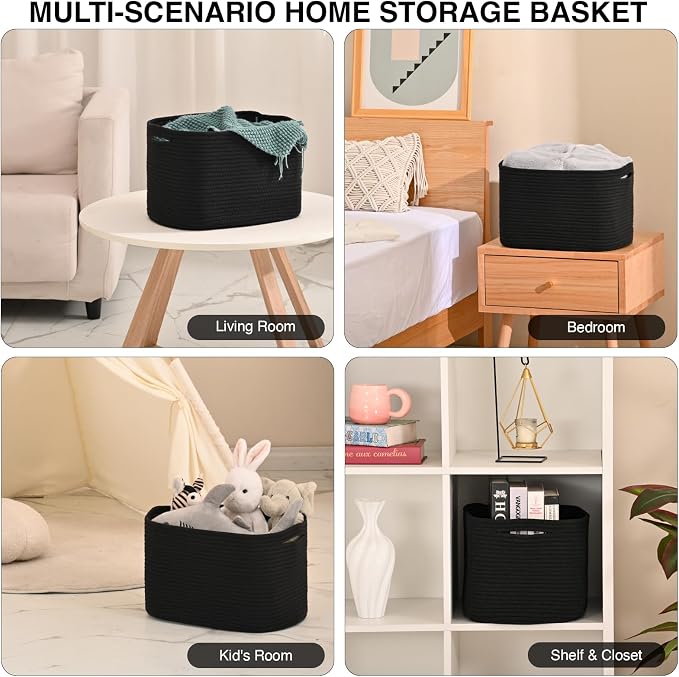 ICERZCZ Woven Cotton Rope Storage Basket for Organizing, Cute Decorative Baskets for Gifts Empty, Organizer Bins for Dog Toy, Baby Laundry, 17“×13”×9.5“, Black