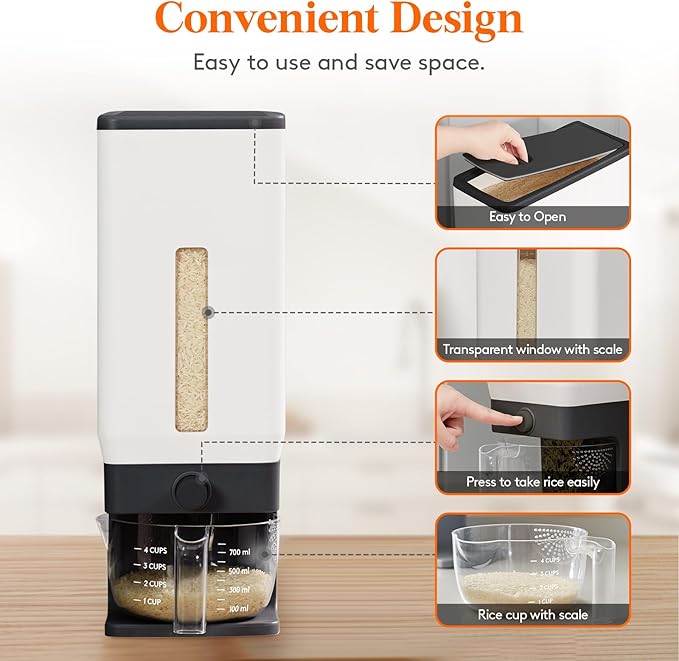 Lifewit Rice Dispenser 25 Lbs(11.3kg), Rice Storage Container Sealed Moisture Proof with Measuring Cup for Kitchen Pantry Household, BPA-Free, 1 Pack Black