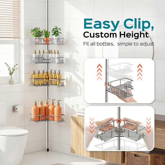 HAMITOR Corner Shower Shelves, 4-Tier Metal Tension Pole Caddy, Silver Gray | Rustproof Bathtub Organizer, No Drilling Standing Bathroom Storage, Apartment Essentials For Renters, 47.7-123.6in Adjustable