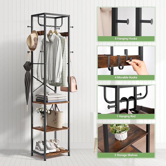 Coat Rack Freestanding, Hall Tree with 3 Shelves and 12 Hooks, Rustic Brown | Industrial Metal Frame, Space-Saving Design, Clothes Rack Stand Organizer for Bedroom, Hallway, Entryway, Office, Living Room