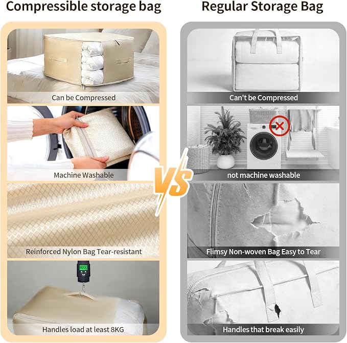 4 Pack Upgrade Comforter Storage Bag with Handle, Space Saving 3-Layer Adjustable In 3 Sizes (142L, 107L, 71L), Compression Blanket Storage Bags, Washable Bedding Organizer For Pillow Duvet Clothing