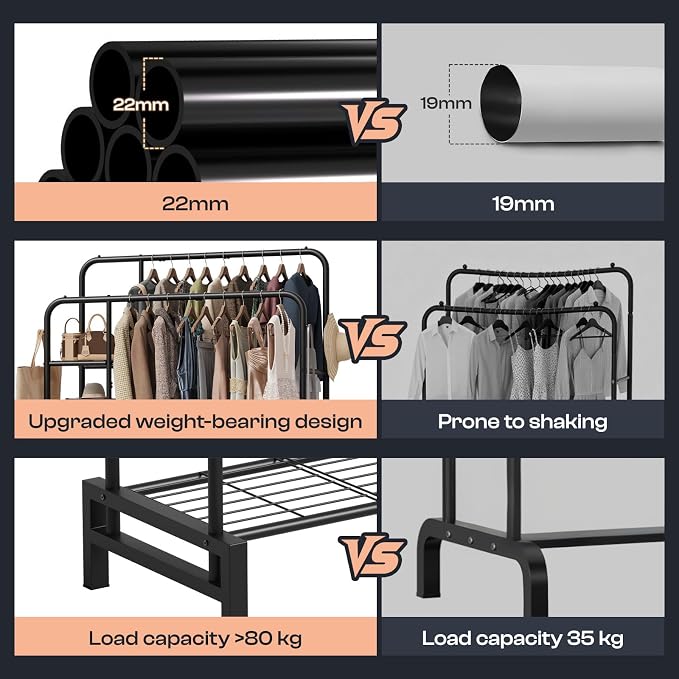 Clothes Rack for Hanging Clothes, Clothing Rack with shelves, Black | Double Clothing Rack with 3 Tier Storage Shelves, Multifunctional Heavy Duty Garment Rack for Bedroom Laundry Wardrobe Closet
