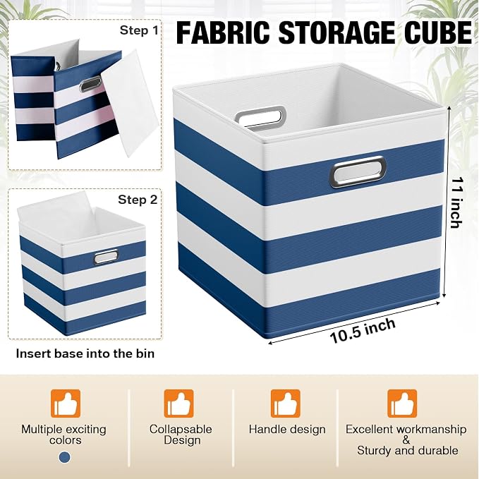 CroBlissful 11 Inch 6 Pack Fabric Storage Cubes with Metal Handles, Back to School Collapsible Organizer Bins for Classroom, Closet, Student Room, Toys and School Supplies (Blue and White)