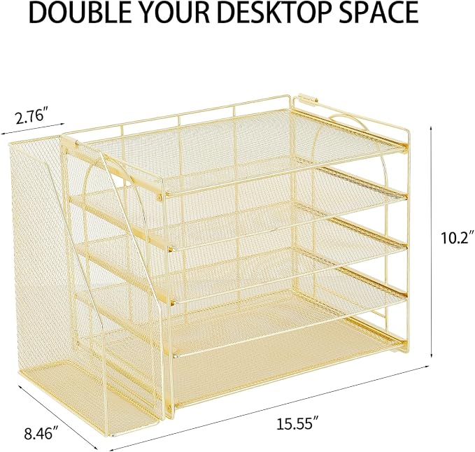AUPSEN Gold Desk Organizers and Accessories, 5-Tier Desktop Paper File Organizer with Removable File Holder, Desk Accessories & Workspace Organization for Home Office Supplies (Gold)