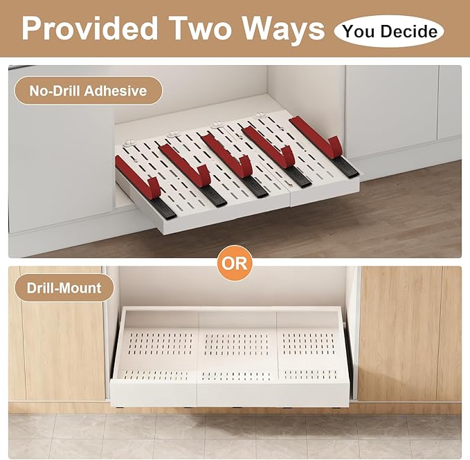 Pull out Cabinet Organizer,Width (23"-31") and Depth (17"-24") Expandable With 5 Rails,No Drill Adjustable Slide out Drawers for Kitchen,Pantry,Adhesive Roll out Shelves,for Cabinets Without Lip,White