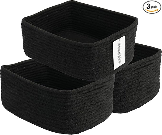 XUANGUO Small Woven Storage Baskets for Shelves, 13" x 9" x 5", Black | Decorative rope storage bins for closets and toy storage; cute organizer baskets, empty gift baskets and nursery storage.