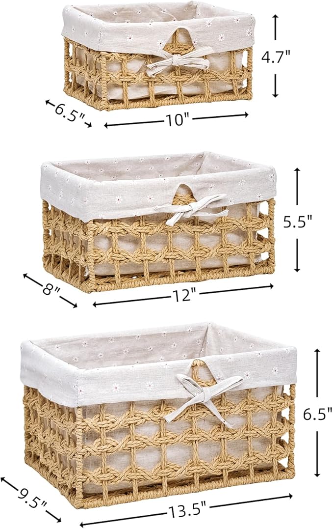 GIB Small Wicker Woven Storage Baskets for Organizng with Liners, Set of 3 | Braided Paper Rope, Decorative Cute Baskets for Gifts, Storage Bins for Shelves, Pantry, Bathroom Organizers, Bedroom Decor
