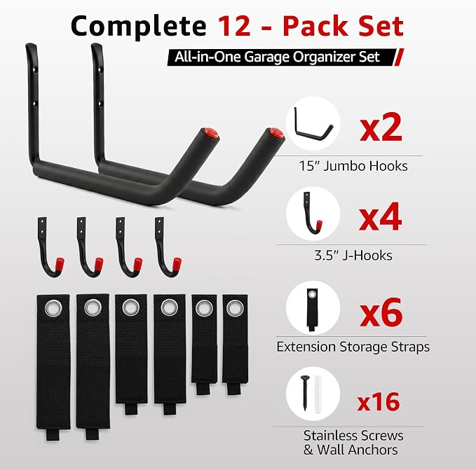 12-Piece Heavy Duty Garage Storage Hooks - 2x15” Jumbo Wall Hooks with Extended EVA Foam Padding (120 LB Capacity) + 4x3.5” Utility Hooks & 6 Storage Straps for Kayak, Paddleboard, Bike & Ladder