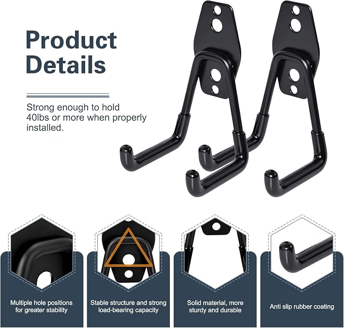 2 PCS Garage Storage Utility Hooks, Heavy Duty Metal Wall Mount Hooks, U Hook Garage Garden Tool Organizer, Fit for Cord, Ladders, Bikes, Tools, Bulky Items (Black)