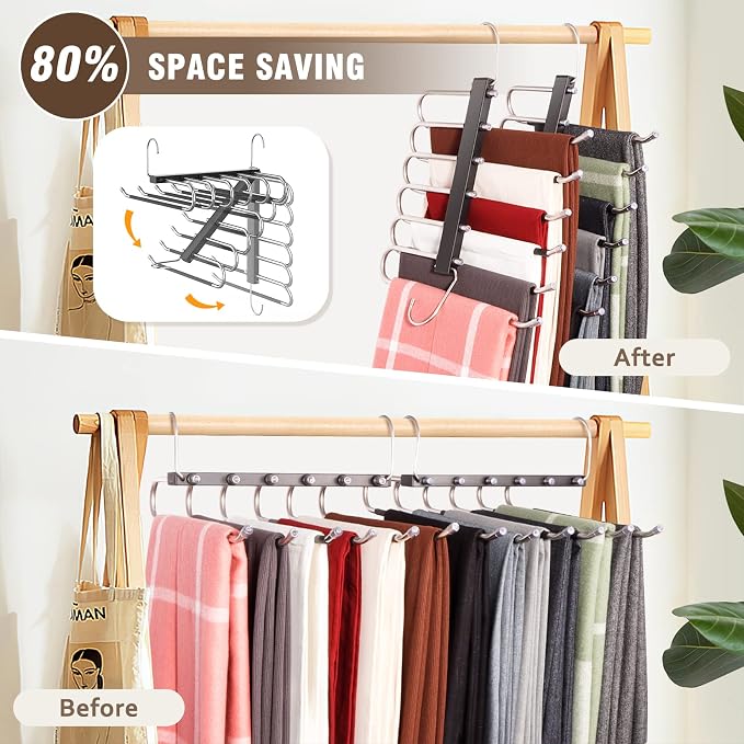 HUITEM 4 Pack 6-Tier Space Saving Pant Hangers, Anti-Slip, Lightweight, Stainless Steel, Black, 6 Pairs Jeans Hangers